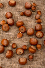 Hazelnuts on sackcloth fabric