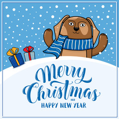 Merry Christmas and Happy New Year greeting card with happy dog, gifts, snow hills and lettering, cartoon vector illustration. Christmas and New Year card, invitation, poster, banner design with a dog