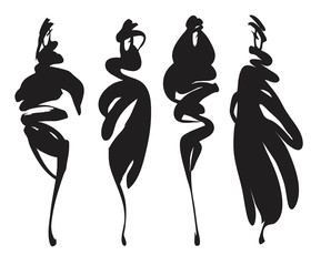 Fashion models sketch hand drawn , stylized silhouettes isolated on white. Vector fashion illustration set.