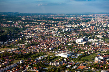 Western part of Zagreb, the capital of Croatia, as seen from air. The cathedral is seen in the distance.