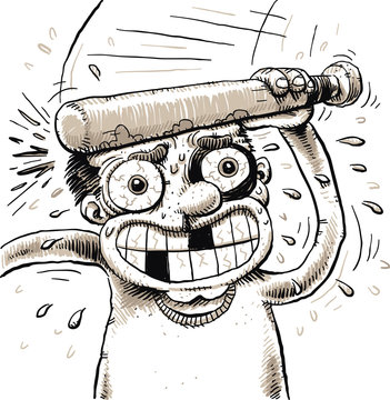 A smiling, stressed, cartoon man bashes himself on the head with a baseball bat causing injuries such as a black eye and knocked out teeth.