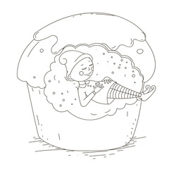 Gnome sleeping in the cake. Isolated vector object.