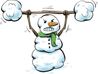 A cartoon snowman focusing on lifting a heavy barbell of snowballs.