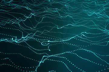 3d rendering abstract polygonal wave background with connecting dots and lines. Connection structure. Computer HUD. Flow. Wave. Blue Lines and dots - obrazy, fototapety, plakaty