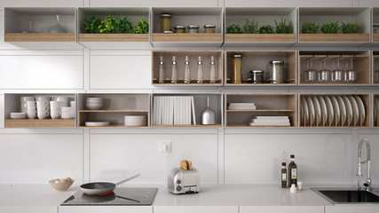 Scandinavian white kitchen, shelving system, minimalistic interi