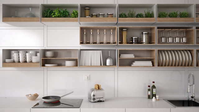 Scandinavian White Kitchen, Shelving System, Minimalistic Interi