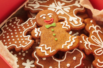 Closeup of Christmas gingerbread man cookie and snowflakes cookies 