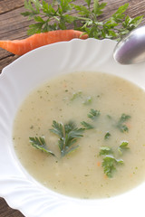 Chicken mushroom cream soup in plate on table