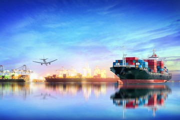 Logistics and transportation of international container cargo ship and cargo plane with ports crane bridge in harbor at sunset sky for logistics import export background and transport industry.