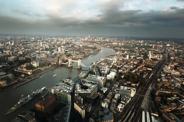 London aerial view with Tower Bridge in sunset time, UK