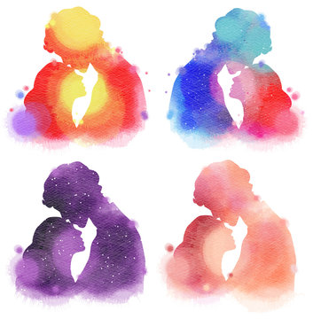 Set of young couple in love silhouette plus abstract watercolor. Valentine's day concept. Digital art painting.