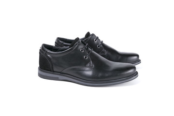 male shoe black leather on white background, isolated product, top view