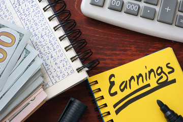 Earnings written in a note, calculator and cash.