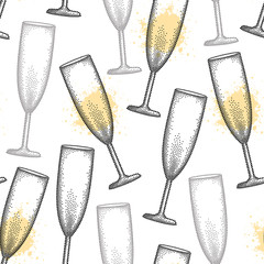 Vector seamless pattern with dotted champagne glass or flute in black and blots on the white background. Pattern in dotwork style with champagne glass for restaurant and celebration design.