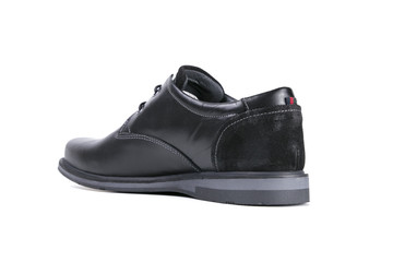 male shoe black leather on white background, isolated product, top view