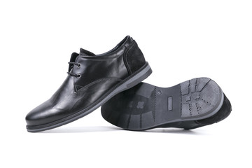 male shoe black leather on white background, isolated product, top view