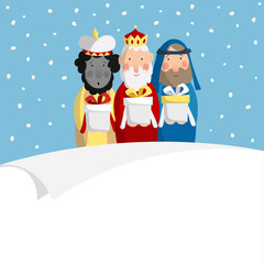 Cute Christmas greeting card, invitation with three magi bringing gifts and blank paper. Biblical kings Caspar, Melchior, Balthazar. Flat design, vector illustration background.