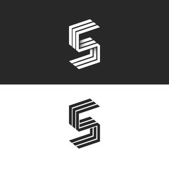 Letter S logo isometric black and white typography design element, hipster minimalistic symbols initials SSS parallel lines monogram emblem