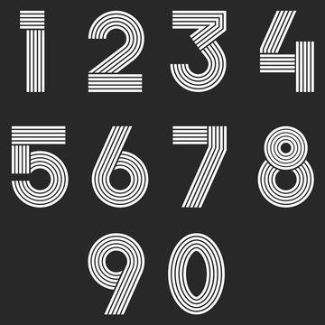 Numbers set hipster, parallel offset thin lines intersection style idea numerals typography design element for wedding invitation, mathematics logo symbols mockup
