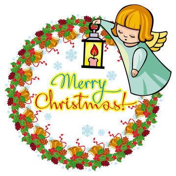 Round holiday label with angels and greeting text "Merry Christmas!". 
