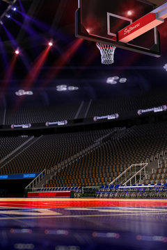 Basketball court. Sport arena.Photoreal 3d render background. blured in long shot distance(like leans optical), a little noise (like photography)