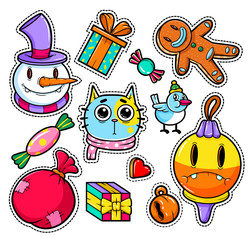 Set of Merry Christmas and Happy New Year stickers or magnets. Festive souvenirs. Hipster style