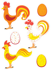 Three roosters white, yellow, orange with eggs.