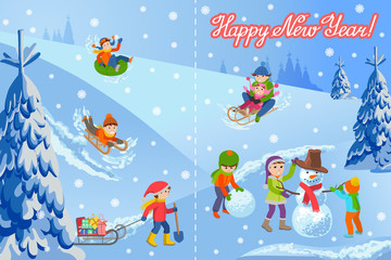 Vector illustration of new year congratulation card with winter landscape happy children playing snowman walking outdoor.