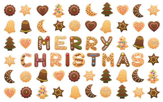 MERRY CHRISTMAS - written among christmas cookies and gingerbread cookies.