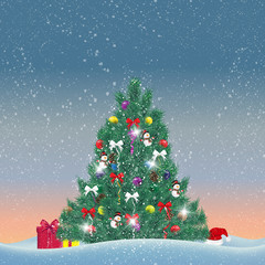 Realistic Christmas tree with decorations on a background of snow. Vector illustration. Fir branches. Greeting card with the holiday.