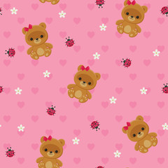 Pink floral seamless pattern with teddy bear and ladybug