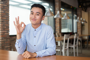 Content Handsome Asian Man Showing OK Sign in Cafe