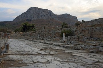 ruins of Lechaio road in Ancient Corinth, Greece