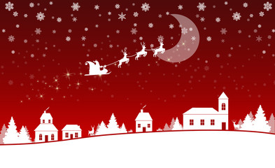 christmas card with trees, snowflakes, reindeers and santa claus on red gradient background  © ewelinaf