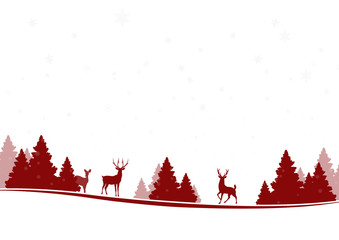 christmas card with trees, snowflakes and reindeers on white background  - obrazy, fototapety, plakaty