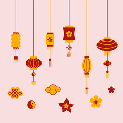 Collection of chinese lanterns and decorative elements