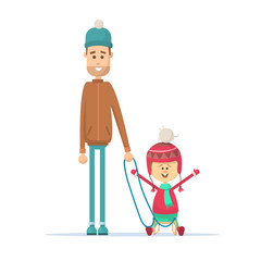 Winter vacation father and daughter sledding. Vector illustration