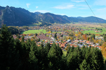 Bird eye view of Oberammergau, a municipality in the district of Garmisch-Partenkirchen, in...