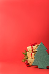 christmas theme. christmas decoration on red table. flat lay