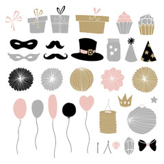 Set of hand drawn party elements. Doodle gift boxes, paper lanterns, balloons and other decorations. Isolated vector illustrations. Birthday objects.