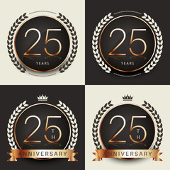 Twenty five years anniversary celebration logotype. 25th anniversary gold logo set.