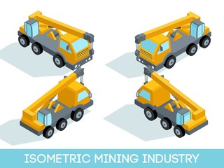 Isometric 3D mining industry icons set 7 image of mining equipment and vehicles isolated vector illustration