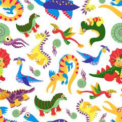 Obraz premium Cute baby dinosaurus pattern. Dinosaur cartoon jurassic predator vector background