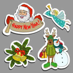 Colorful set of Christmas stickers, hand drawn cartoon
