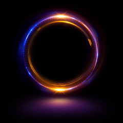 Abstract neon background. luminous swirling bunner. Glowing spiral. 
Shine round frame with light circles light effect. Glowing cover. 
Space for message. Glossy. LED ellipse. Glint