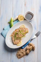 roasted swordfish with leek ginger and sesame seed