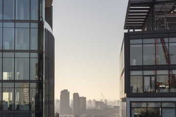 A view of city inbetween of the two skyscrapers