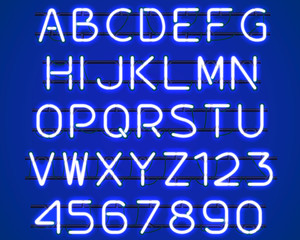 Glowing blue Neon Alphabet with letters from A to Z and digits from 0 to 9 with wires, tubes, brackets and holders. Shining and glowing neon effect. Vector illustration.