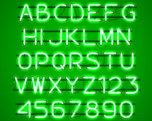 Glowing Green Neon Alphabet with letters from A to Z and digits from 0 to 9 with wires, tubes, brackets and holders. Shining and glowing neon effect. Vector illustration.