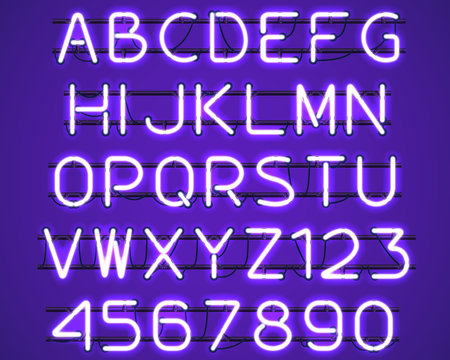 Glowing Purple Neon Alphabet with letters from A to Z and digits from 0 to 9 with wires, tubes, brackets and holders. Shining and glowing neon effect. Vector illustration.